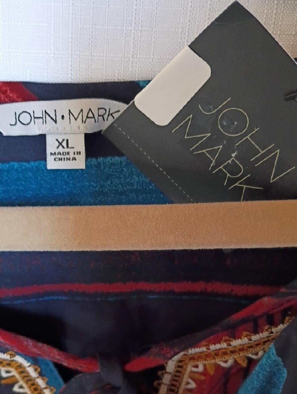 John Mark Embroidered Striped Boho Tunic in Red, Navy & Teal Size XL - Picture 7 of 13